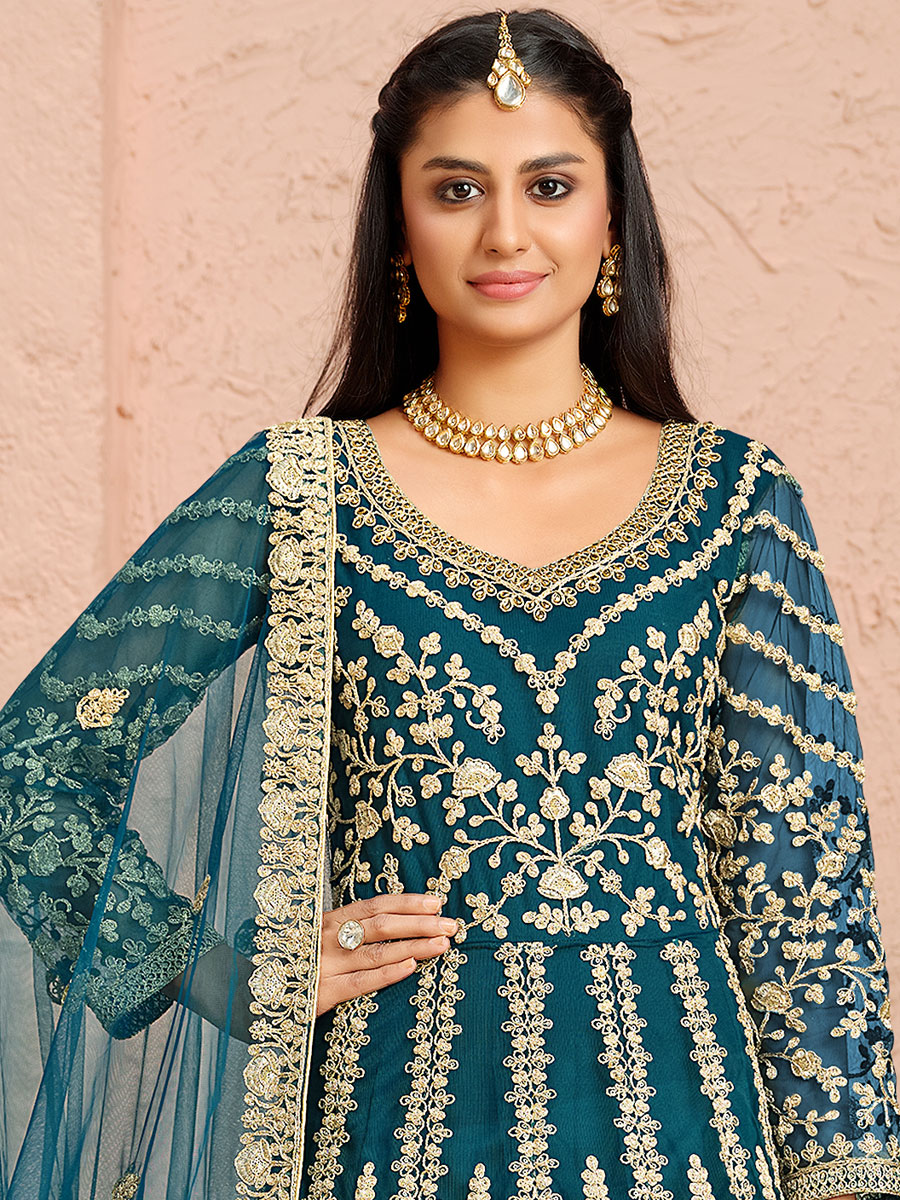 Cerulean Blue Net Embroidered Festival Lawn Kameez
