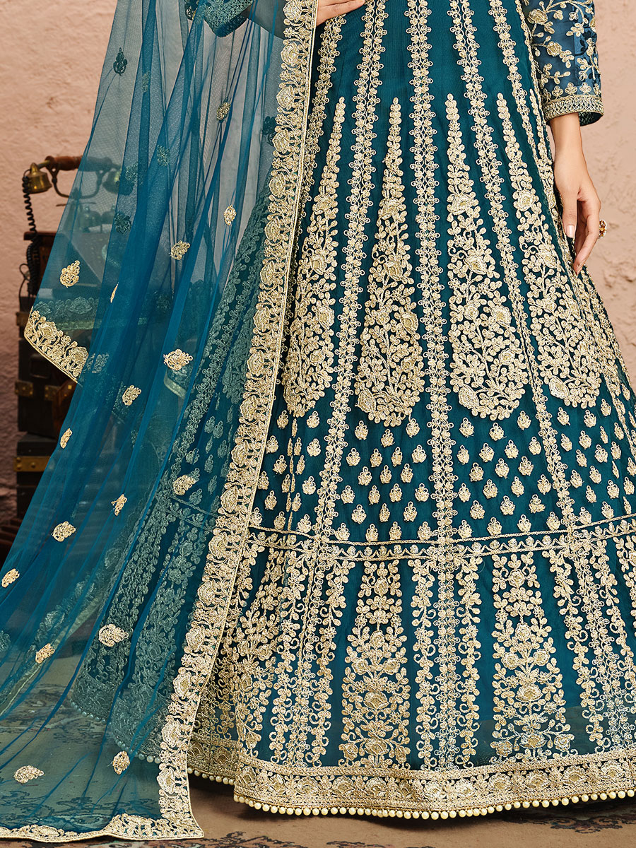 Cerulean Blue Net Embroidered Festival Lawn Kameez