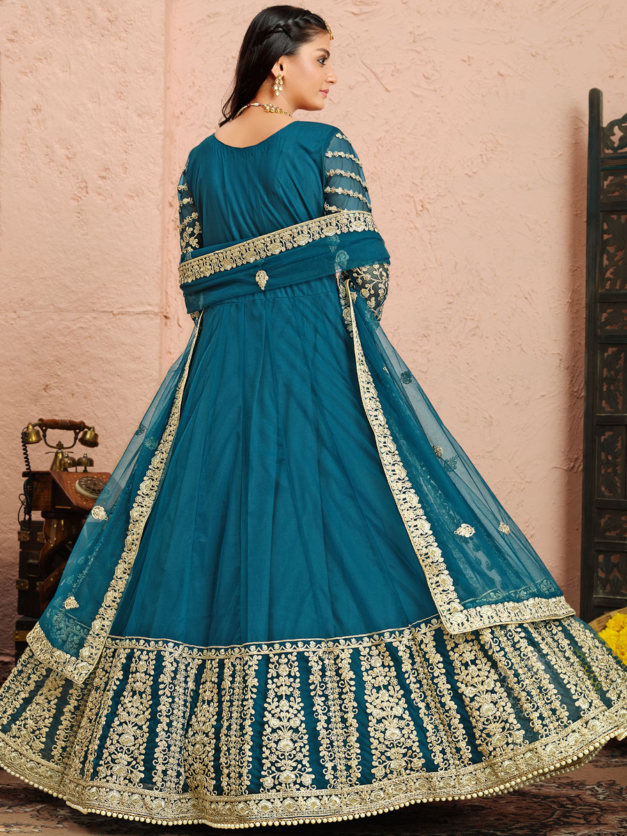 Cerulean Blue Net Embroidered Festival Lawn Kameez