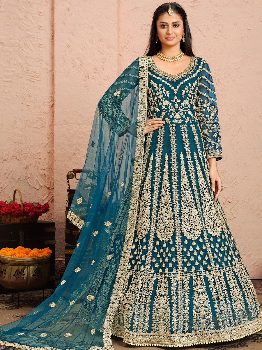 Cerulean Blue Net Embroidered Festival Lawn Kameez