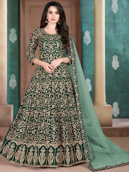 Hunter Green Faux Georgette Embroideed Festival Lawn Kameez