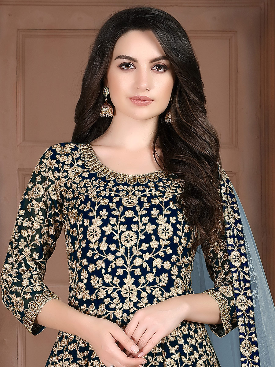 Navy Blue Faux Georgette Embroideed Festival Lawn Kameez