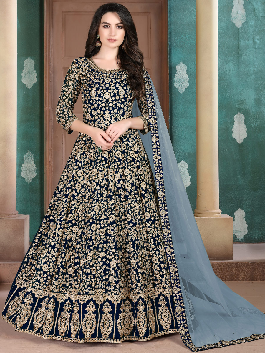 Navy Blue Faux Georgette Embroideed Festival Lawn Kameez