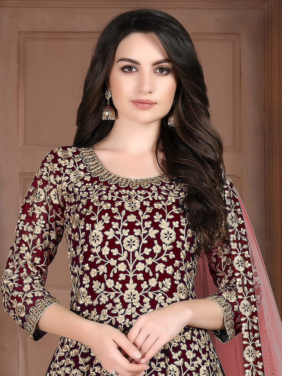 Maroon Faux Georgette Embroideed Festival Lawn Kameez