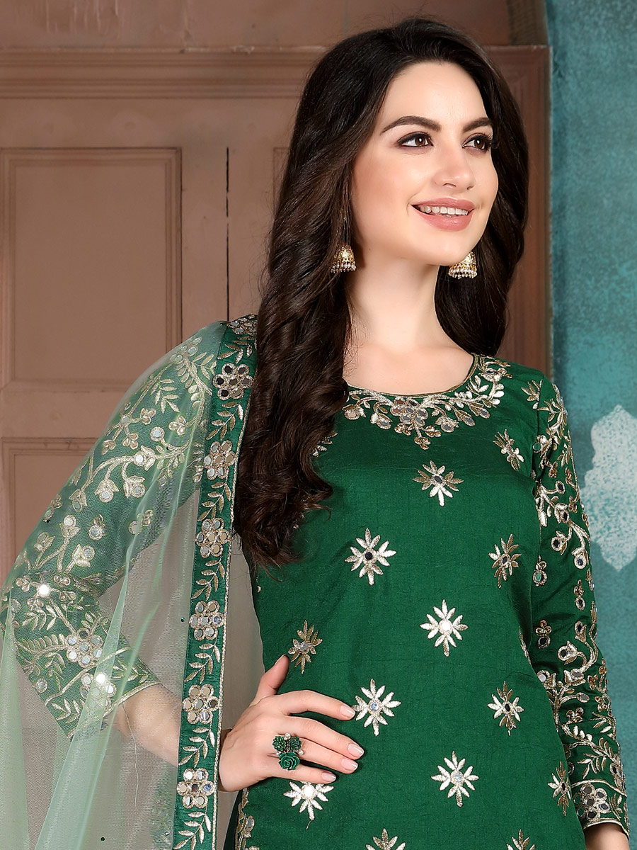 Hunter Green Art Silk Embroidered Festival Patiala Kameez