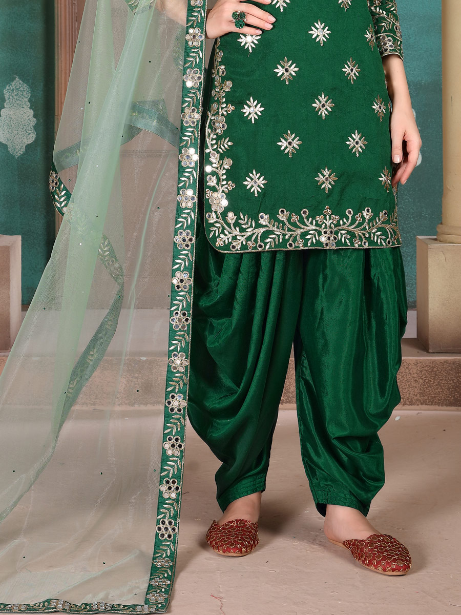 Hunter Green Art Silk Embroidered Festival Patiala Kameez