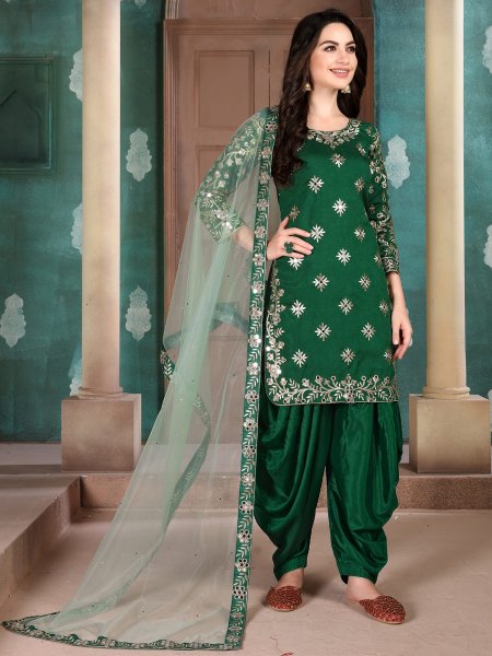 Hunter Green Art Silk Embroidered Festival Patiala Kameez