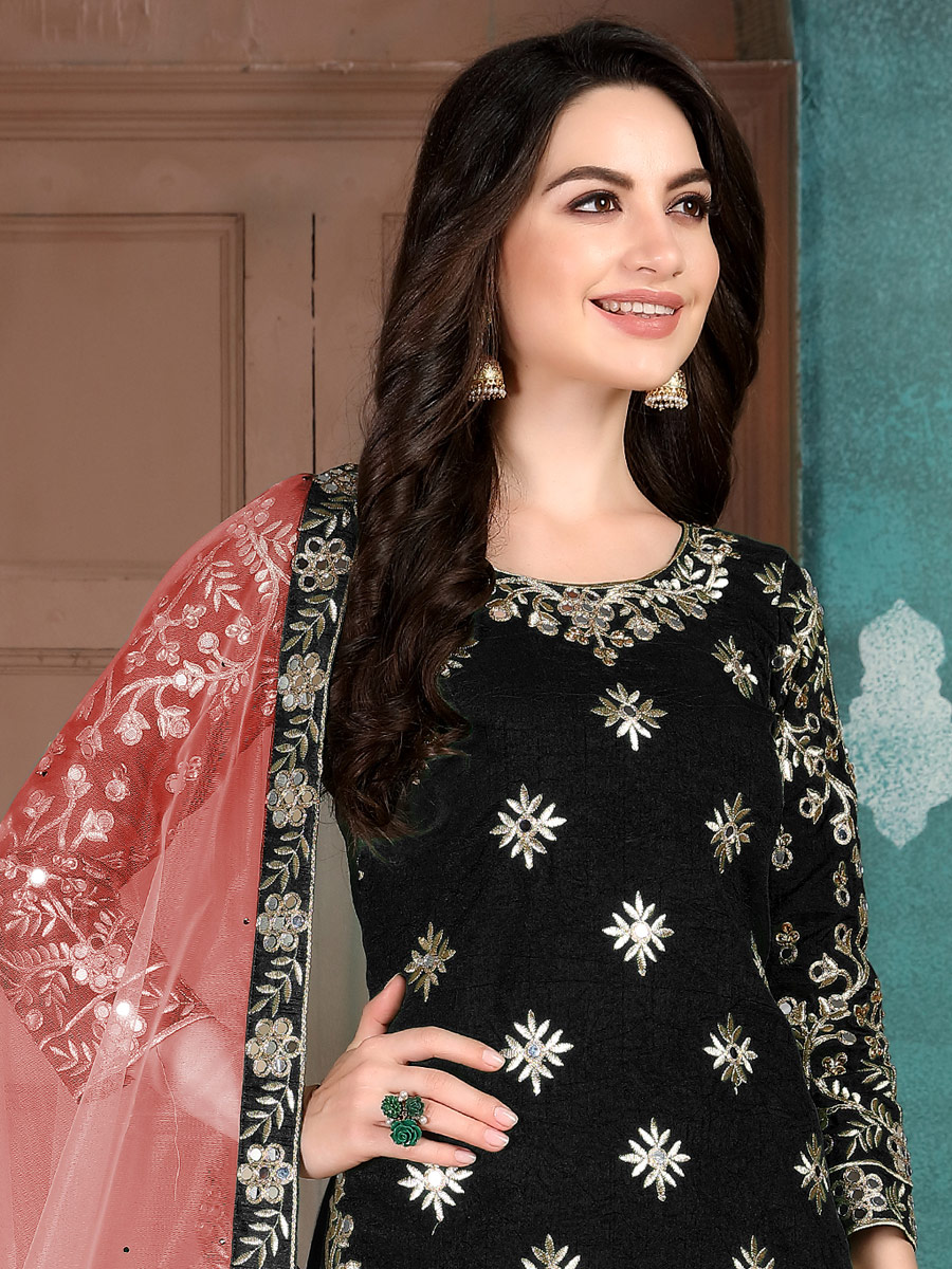 Black Art Silk Embroidered Festival Patiala Kameez