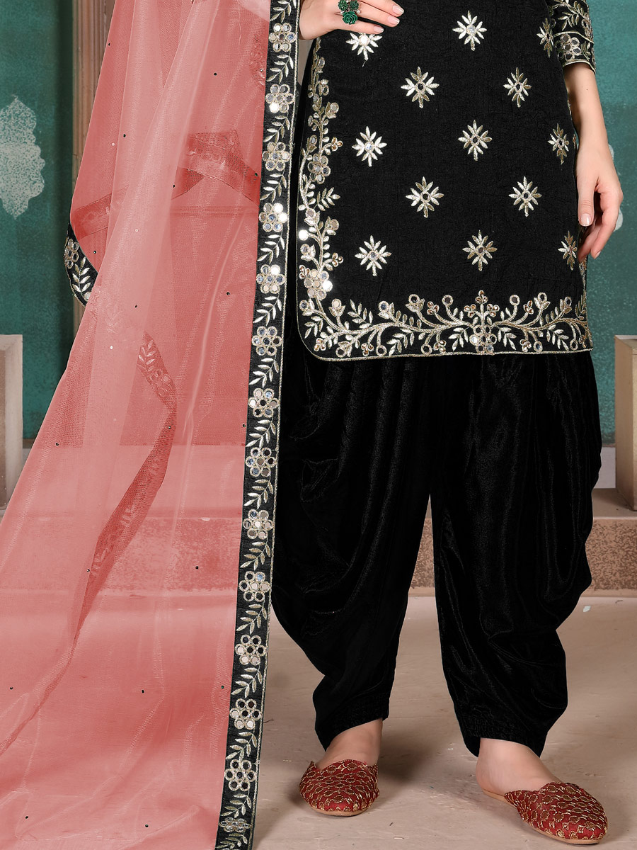 Black Art Silk Embroidered Festival Patiala Kameez