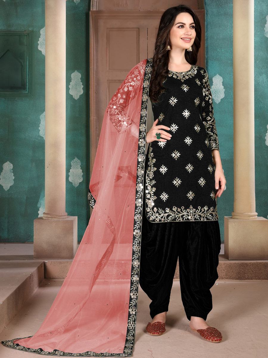Black Art Silk Embroidered Festival Patiala Kameez