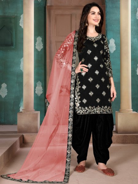 Black Art Silk Embroidered Festival Patiala Kameez