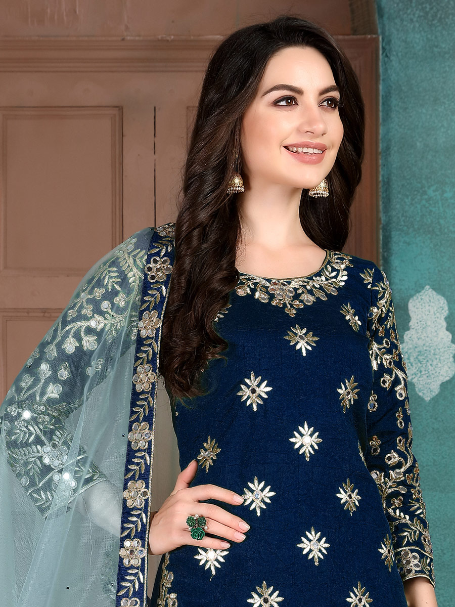 Navy Blue Art Silk Embroidered Festival Patiala Kameez
