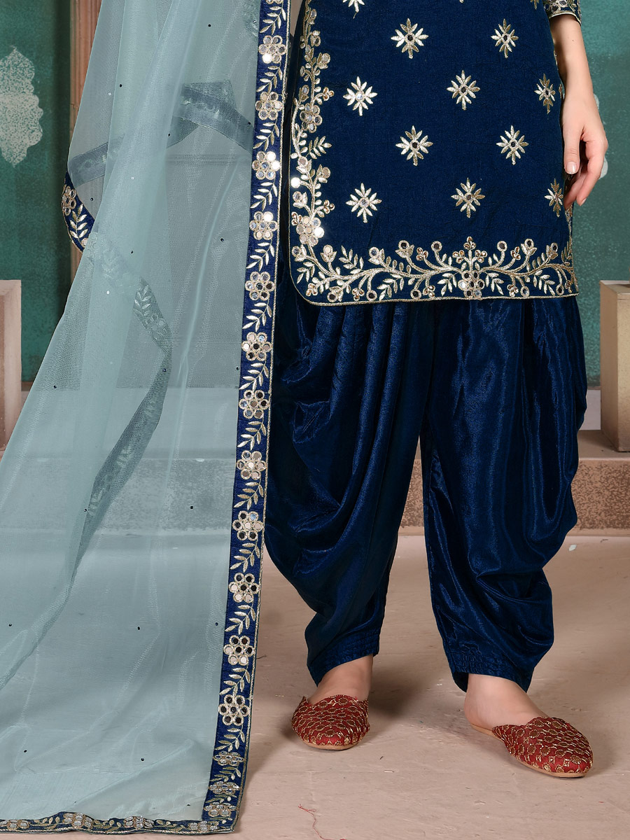 Navy Blue Art Silk Embroidered Festival Patiala Kameez