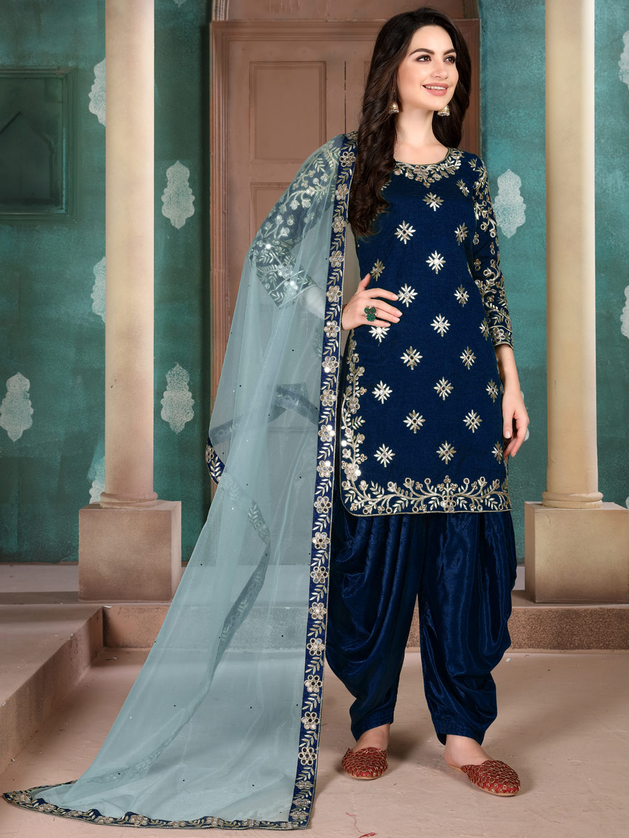 Navy Blue Art Silk Embroidered Festival Patiala Kameez