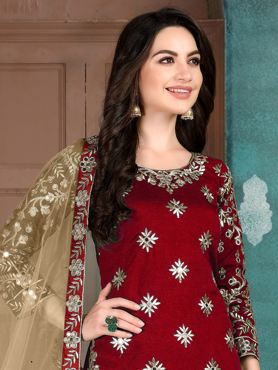 Maroon Art Silk Embroidered Festival Patiala Kameez