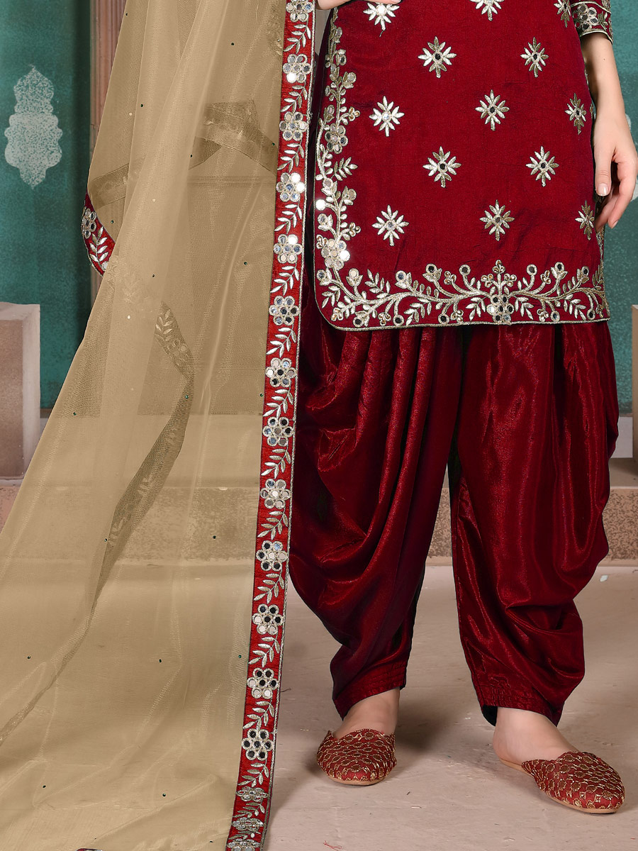 Maroon Art Silk Embroidered Festival Patiala Kameez