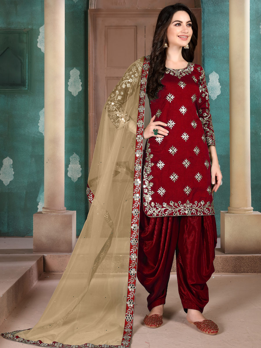Maroon Art Silk Embroidered Festival Patiala Kameez
