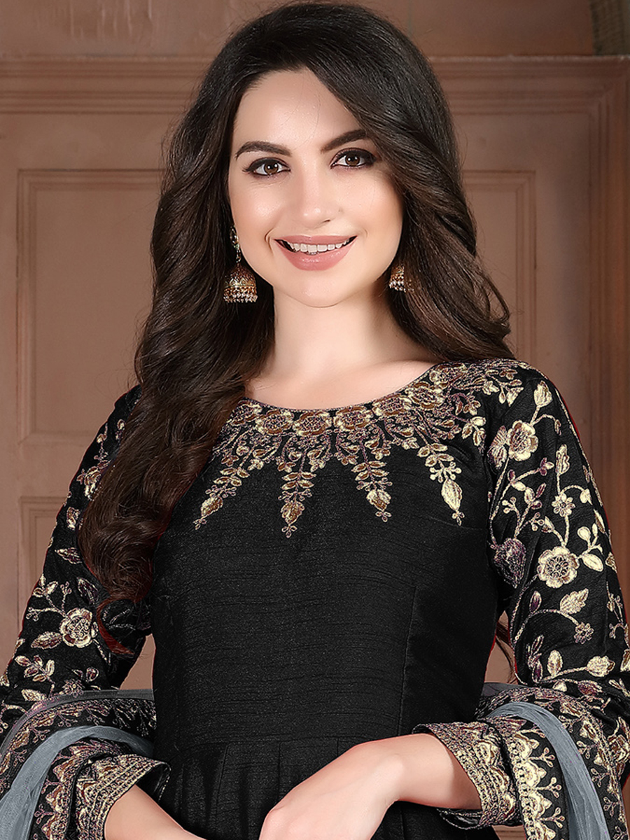 Black Silk Embroidered Festival Lawn Kameez