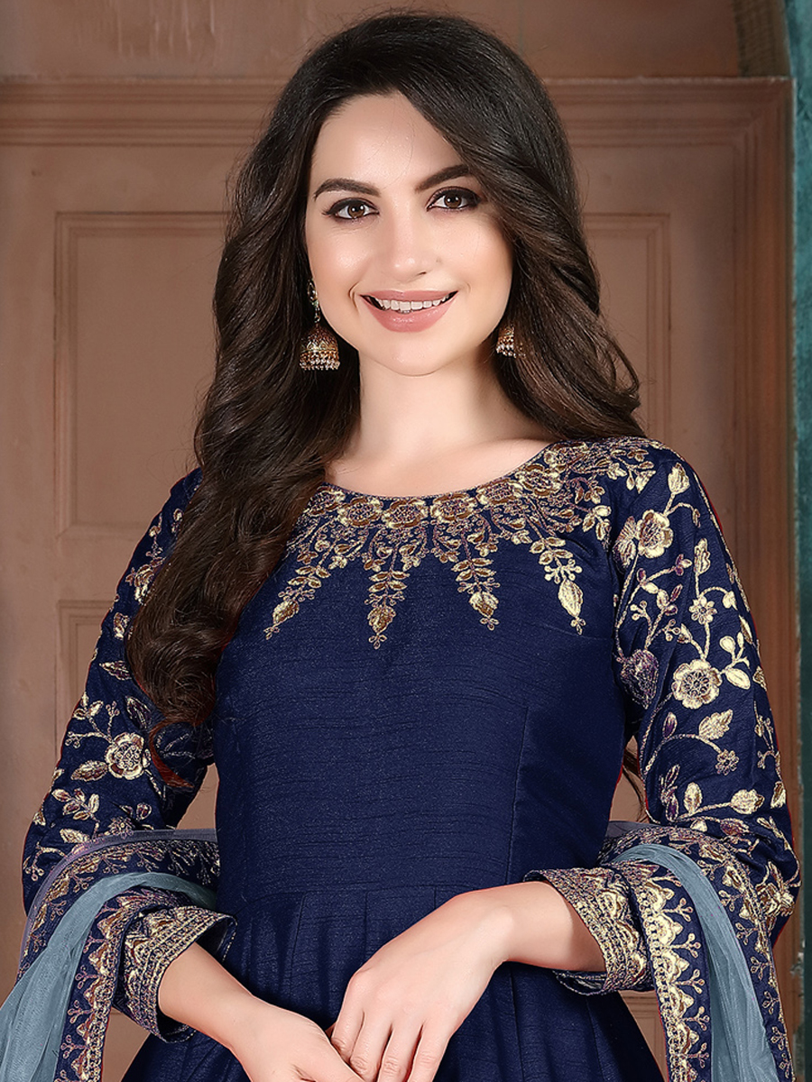 Navy Blue Silk Embroidered Festival Lawn Kameez