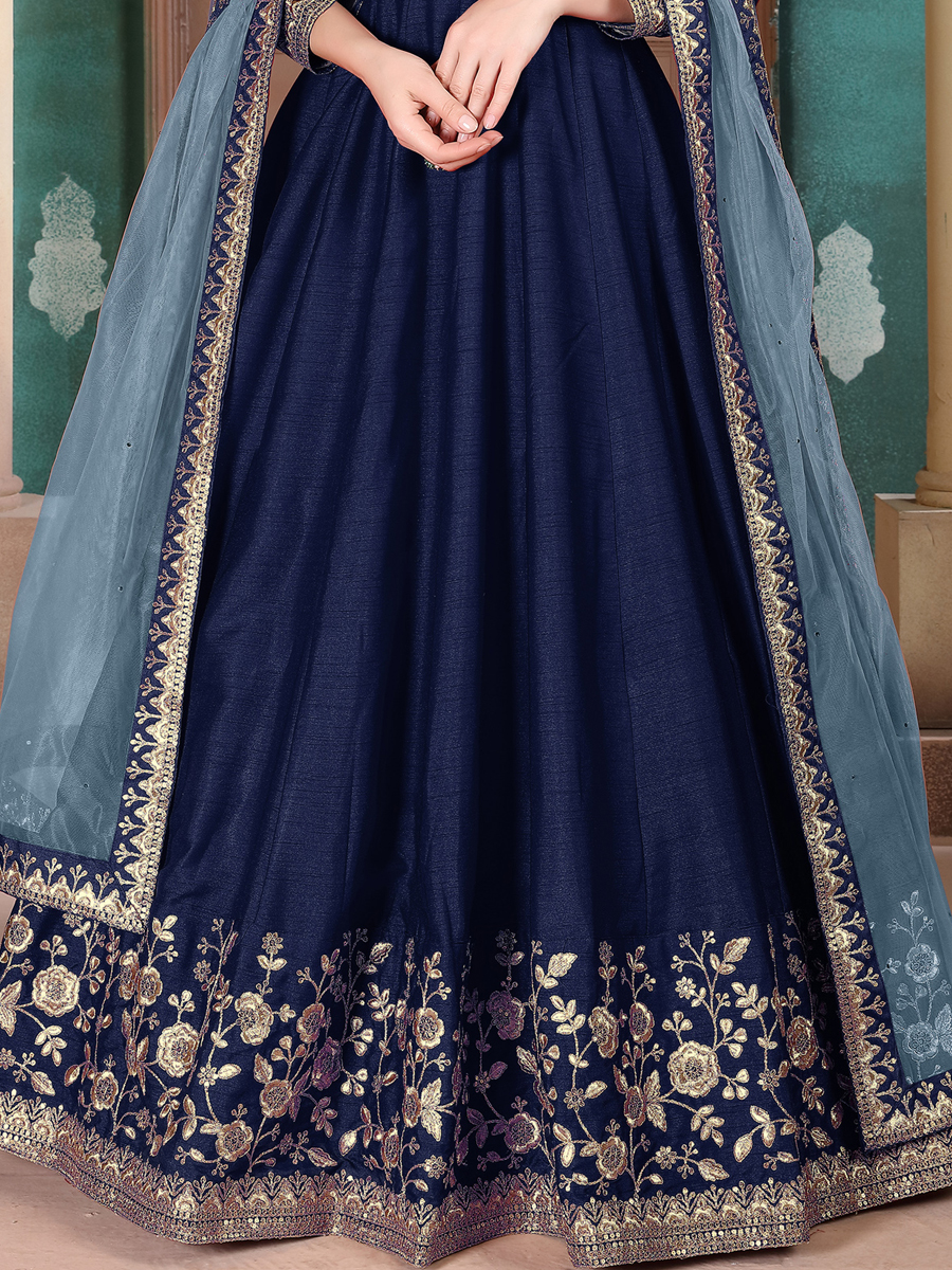 Navy Blue Silk Embroidered Festival Lawn Kameez