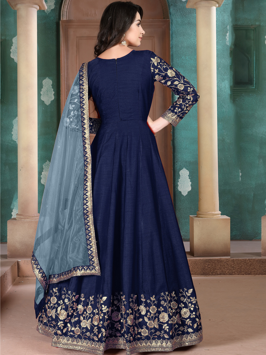 Navy Blue Silk Embroidered Festival Lawn Kameez