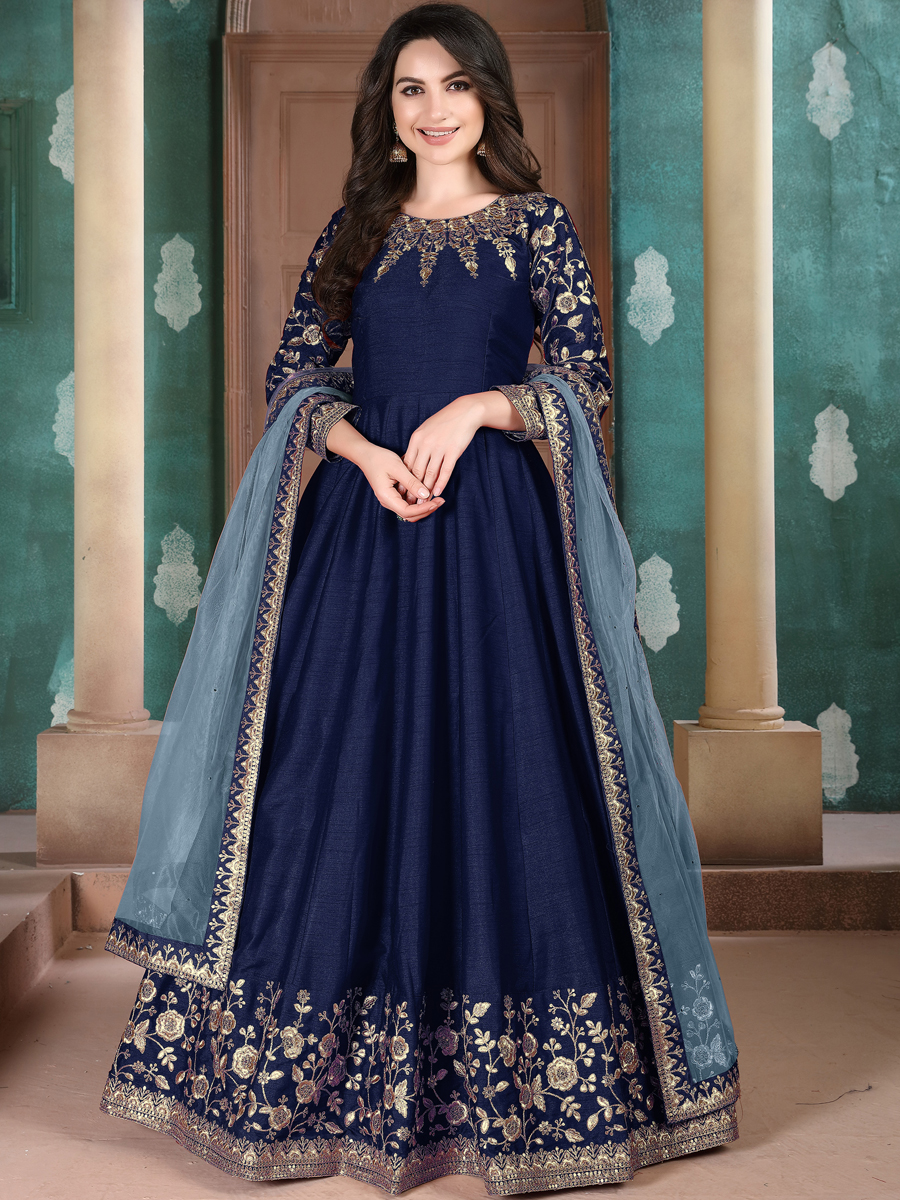 Navy Blue Silk Embroidered Festival Lawn Kameez