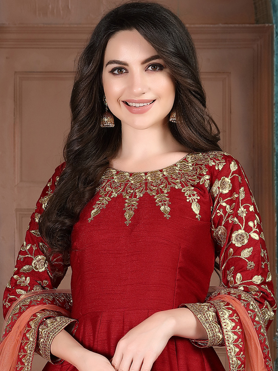 Maroon Silk Embroidered Festival Lawn Kameez