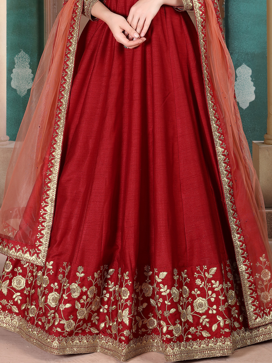 Maroon Silk Embroidered Festival Lawn Kameez