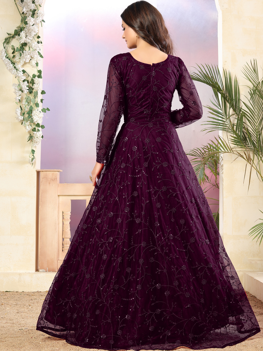 Byzantium Purple Net Embroidered Party Lawn Kameez