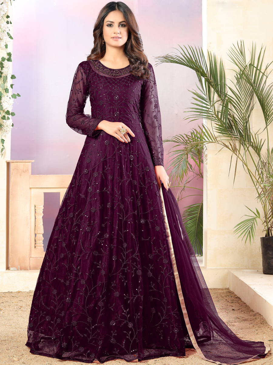 Byzantium Purple Net Embroidered Party Lawn Kameez