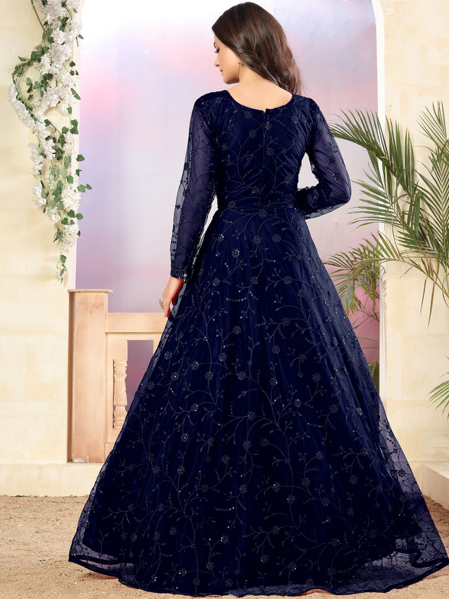 Navy Blue Net Embroidered Party Lawn Kameez