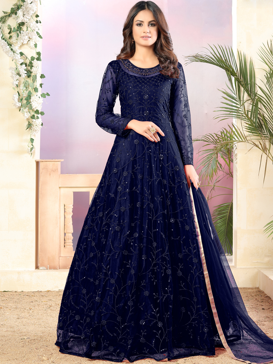 Navy Blue Net Embroidered Party Lawn Kameez