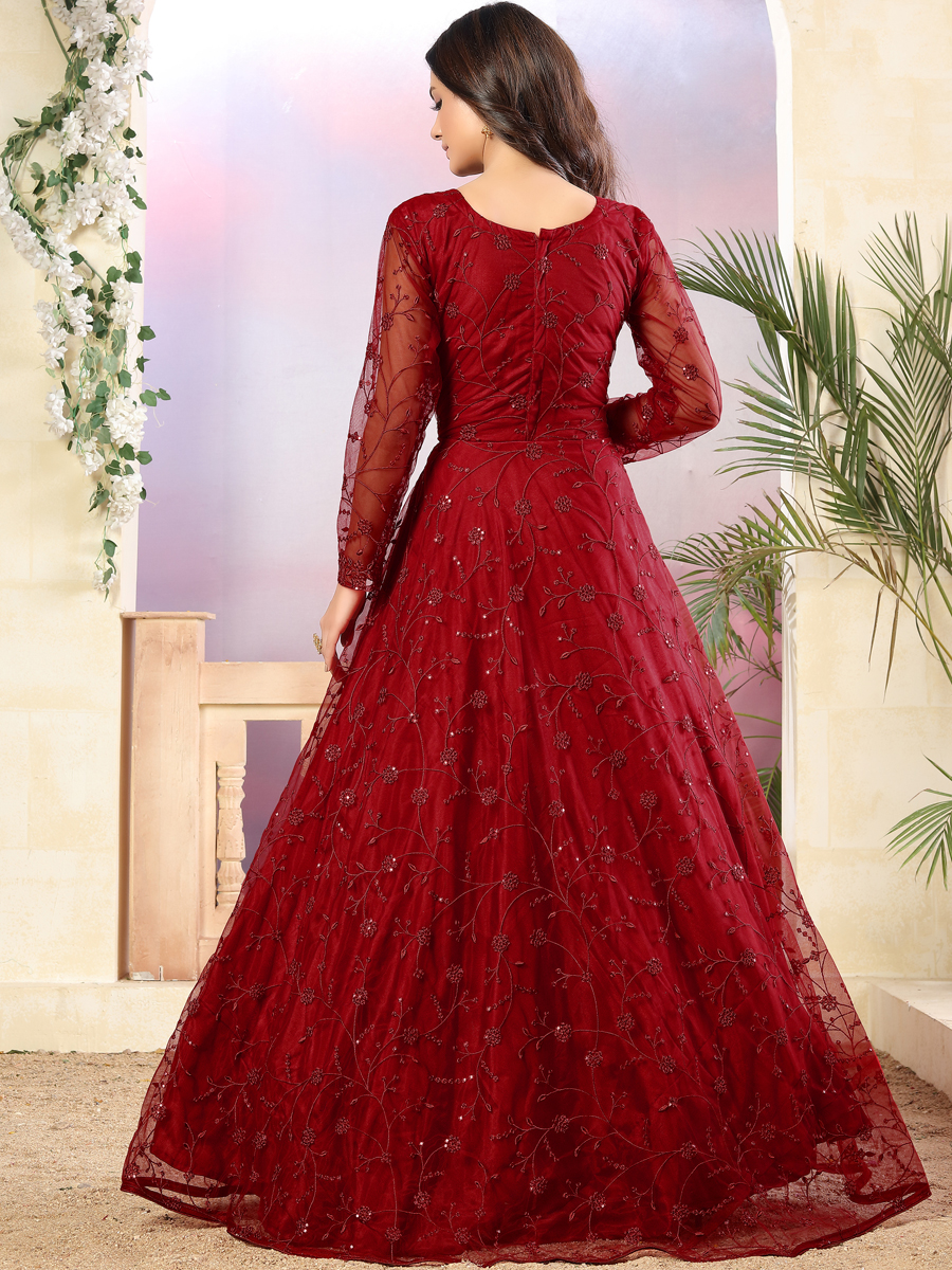Maroon Net Embroidered Party Lawn Kameez