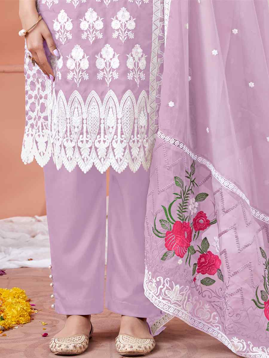 Violet Soft Organza Embroidered Festival Party Pant Salwar Kameez