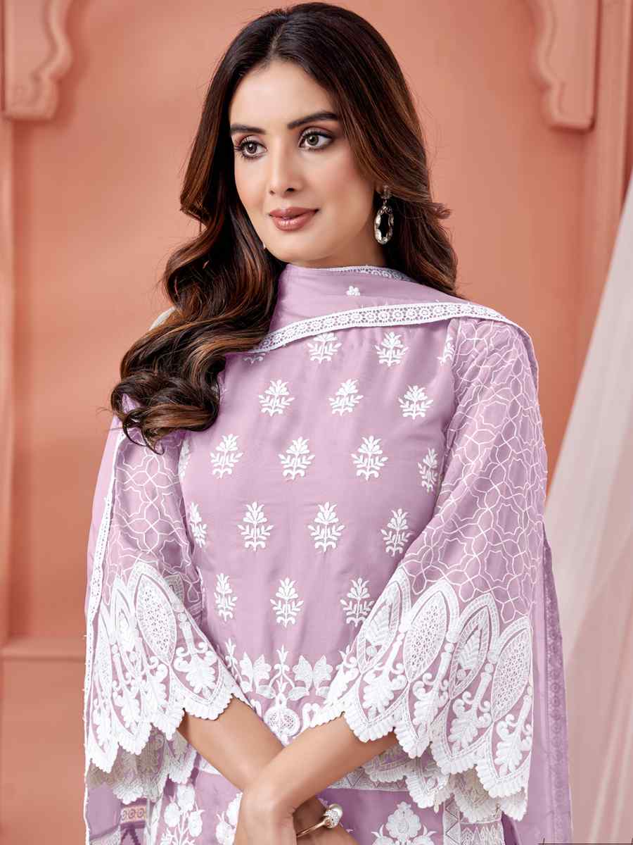Violet Soft Organza Embroidered Festival Party Pant Salwar Kameez