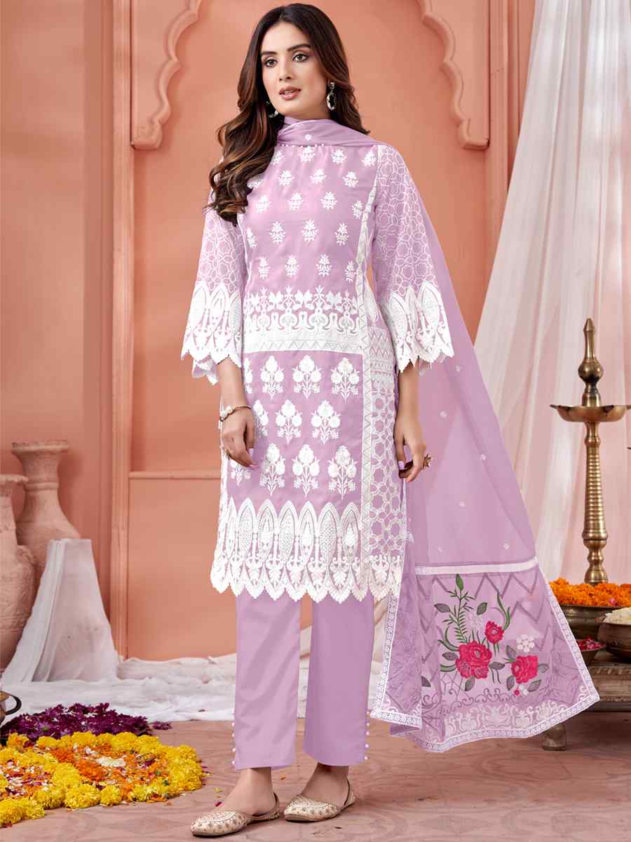 Violet Soft Organza Embroidered Festival Party Pant Salwar Kameez