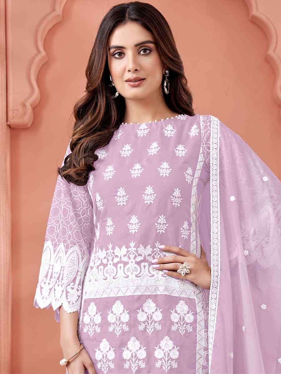 Violet Soft Organza Embroidered Festival Party Pant Salwar Kameez