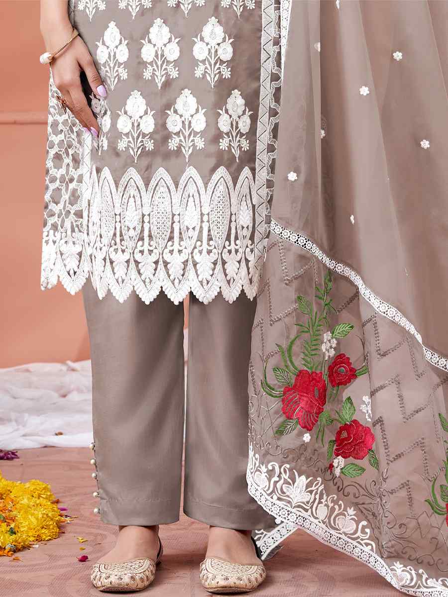 Grey Soft Organza Embroidered Festival Party Pant Salwar Kameez