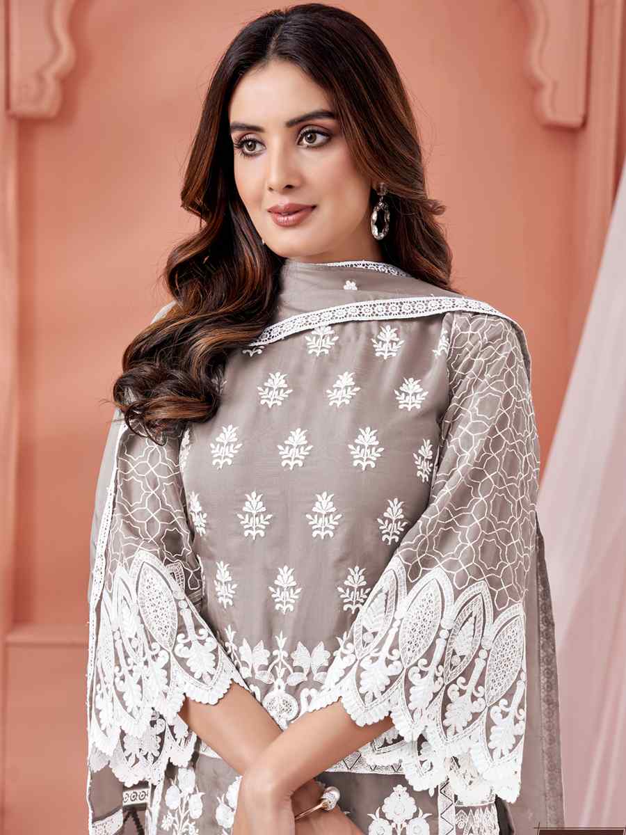 Grey Soft Organza Embroidered Festival Party Pant Salwar Kameez