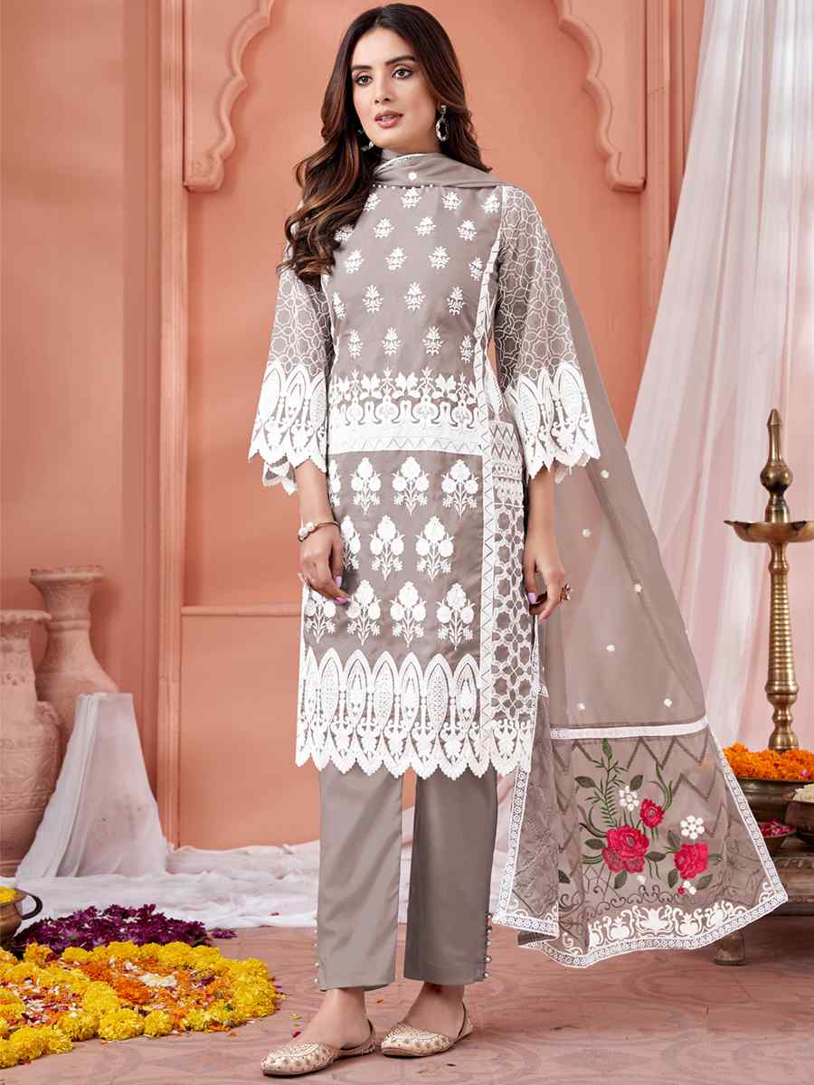 Grey Soft Organza Embroidered Festival Party Pant Salwar Kameez