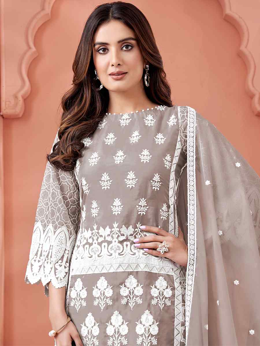 Grey Soft Organza Embroidered Festival Party Pant Salwar Kameez