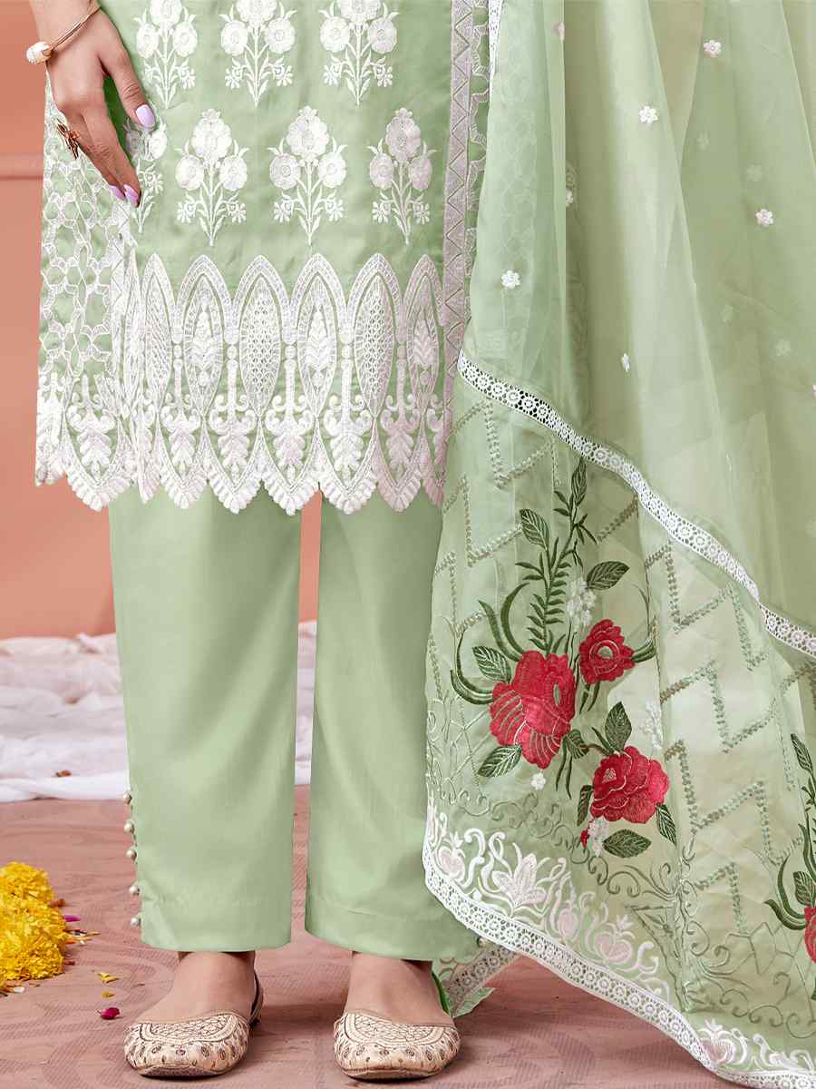 Sea Green Soft Organza Embroidered Festival Party Pant Salwar Kameez