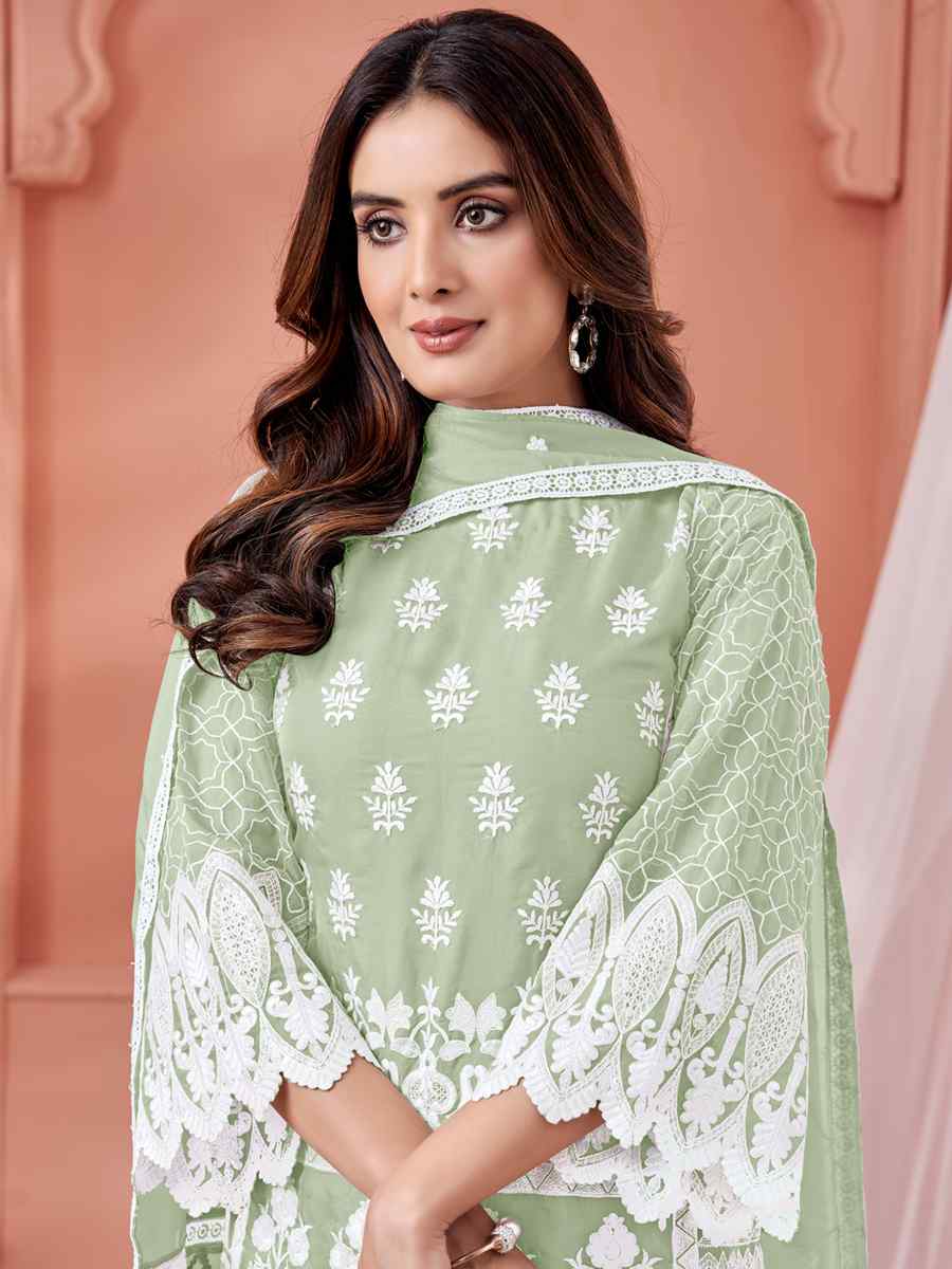 Sea Green Soft Organza Embroidered Festival Party Pant Salwar Kameez