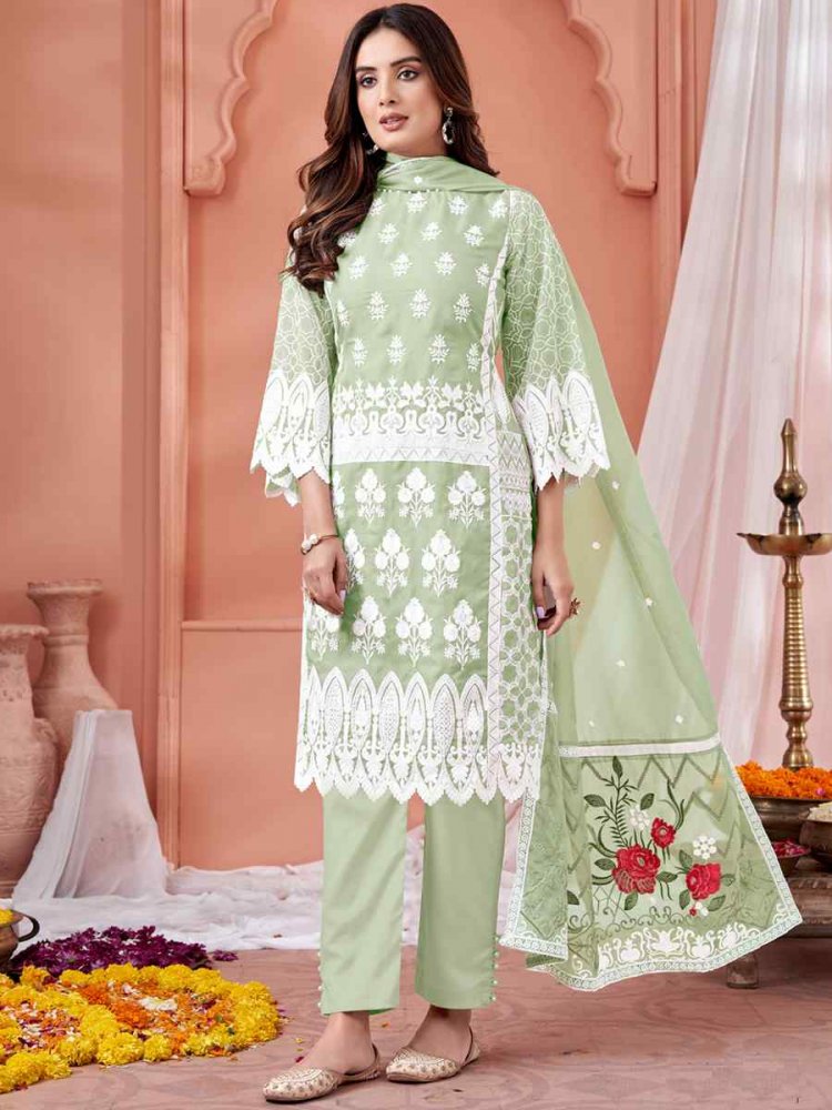 Sea Green Soft Organza Embroidered Festival Party Pant Salwar Kameez