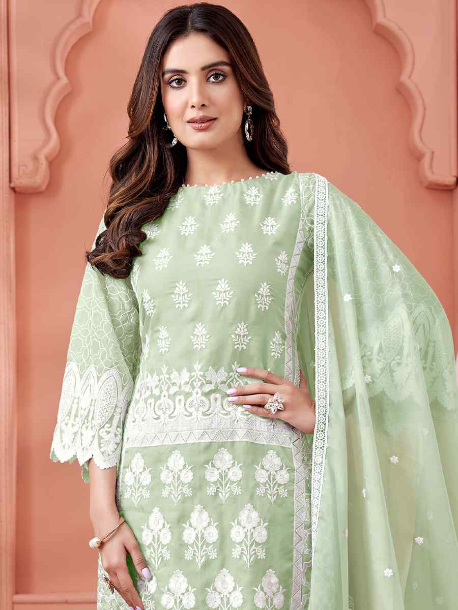 Sea Green Soft Organza Embroidered Festival Party Pant Salwar Kameez