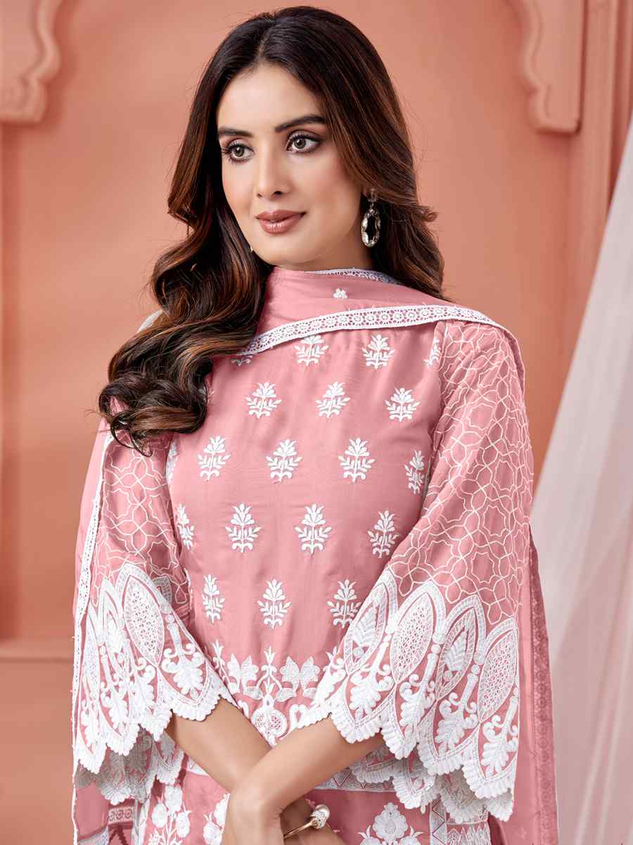 Baby Pink Soft Organza Embroidered Festival Party Pant Salwar Kameez