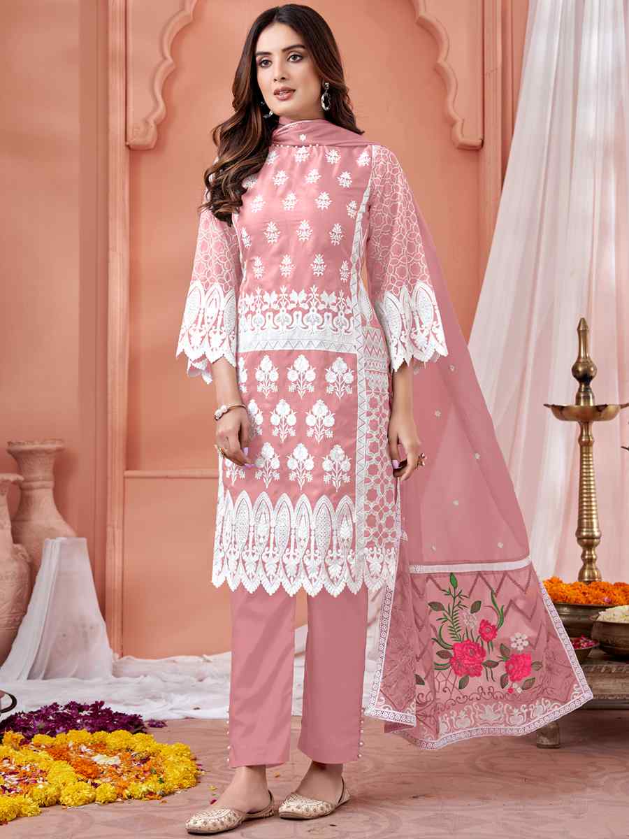 Baby Pink Soft Organza Embroidered Festival Party Pant Salwar Kameez