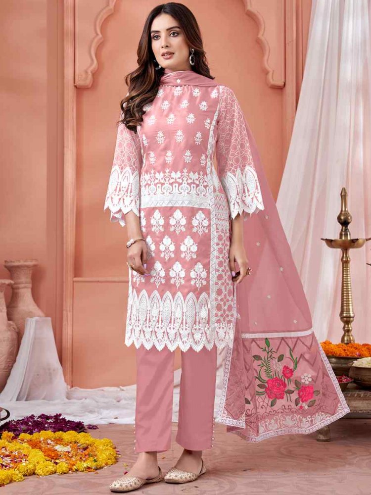 Baby Pink Soft Organza Embroidered Festival Party Pant Salwar Kameez