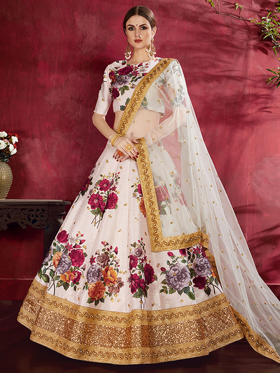 Off-White Art Silk Embroidered Wedding Lehenga Choli