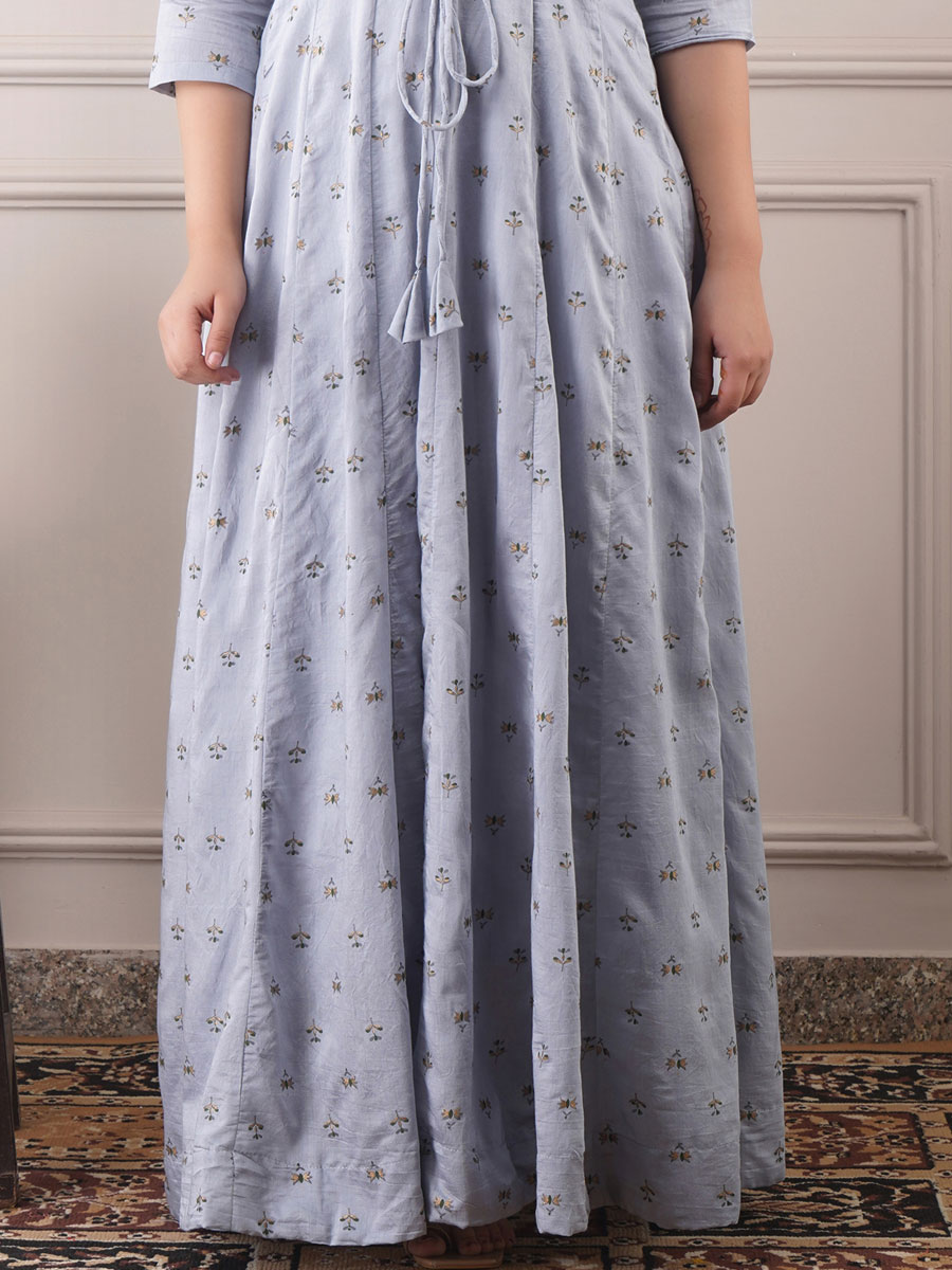 Light Gray Chanderi Printed Party Gown